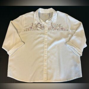 Alfred Dunner floral embroidered white button down 3/4 sleeve blouse size 22W